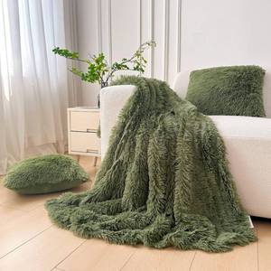 lot 24487 image: XeGe 3 Pieces Soft Faux Fur Throw Blanket Set, Moss Green Fluffy Furry Blanket 50x60, Shaggy Plush Fuzzy Blanket with 2 Throw Pillow Covers 18x18 for Bed Couch Sofa Living Room, Sage Green - Retail $35