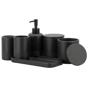 lot 24502 image: ZCCZ Black Matte Bathroom Accessories Set 6 Pieces - Toothbrush Holder, Lotion Dispenser, Qtip Container, Vanity Tray, Tumbler - Countertop Organizer for Bathrooms - Elegant and Functional Decor Set - Retail $38