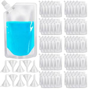 lot 24504 image: 100 Pcs Plastic Flasks,8 Oz Drink Pouches Bulk,Reusable Drink Pouches,Leak-Proof Food Grade Plastic Flasks for Travel - Retail $17