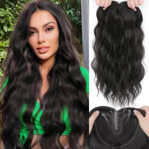 lot 24508 image: OOPPOO Hair Toppers for Women, 20 Inch Hand Tied Breathable Toppers Hair pieces for Women with Thinning Crown Curtain Bangs Mix Human Hair Clip in Curly Lightweight Wiglets(Dark Brown) - Retail $50