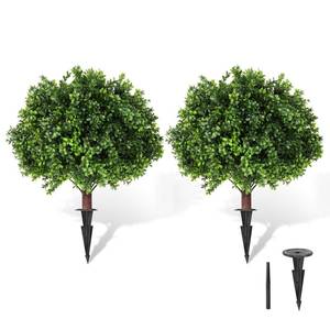 lot 24509 image: LadyRosian Artificial Boxwood Topiary Tree, 25 Inch 2 Set Outdoor Faux Boxwood Bush Plants,Indoor Ball Trees with Ground Spike, Fake Potted for Home Front Porch Decor Outside Garden - Retail $58