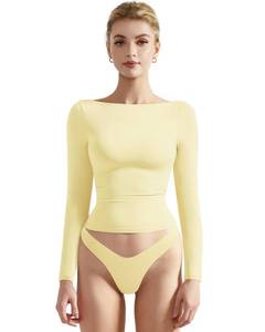 lot 30532 image: SUUKSESS Women Crew Neck Long Sleeve T Shirts Double Lined Tight Fitted Crop Top (Butter Yellow,M) - Retail $30