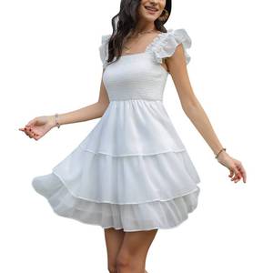 lot 30557 image: Byinns Womens Square Neck Sleeveless Ruffle Dress Backless Tiered Smocked Strappy Casual Short Mini Dresses White L- Retail $42
