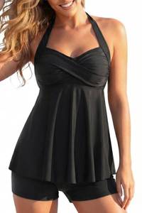 lot 30563 image: Talisea Tankini Swimsuit Bathing Suit 2024 - Women Two Piece with Shorts Halter Twist Front Flowy Top Retro Swimwear Black Size XXL - Retail $32