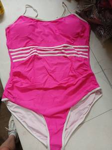 lot 30569 image: Womens Pink One Piece Swimsuit with White Stripes XXL - Retail $15