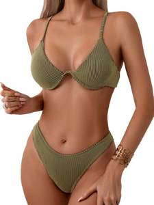 lot 30577 image: Fanuerg Women Underwire Triangle Bikini Spaghetti Strap Push Up Swimsuit Cheeky Two Piece Bathing Suit Khaki S - Retail $25
