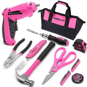 lot 30864 image: THINKWORK 41 Piece Pink Tool Set - Ladys Hand Tool Set with 3.6V Rotatable Electric Screwdriver, Home Repairing Tool Kit for Women with Large Mouth Open Tool Bag, Perfect for Home DIY, Daily Use (Zipper On Bag Broke) - Retail $32