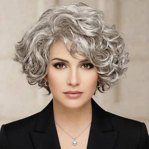 lot 30867 image: XIUFAXIRUSI XIUFAXIRUSI Grey Curly Bob Wigs for Women Short Wavy Silver Wig with Side Bangs Granny Old Lady Synthetic Wig for Daily Costume Party Use - Retail $22