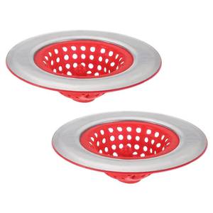 lot 30904 image: uxcell Silicone Sink Strainer, 2Pcs Kitchen Sink Drain Strainer Stopper with Stainless Steel Edge 4.4 Diameter Rim, Red - Retail $13
