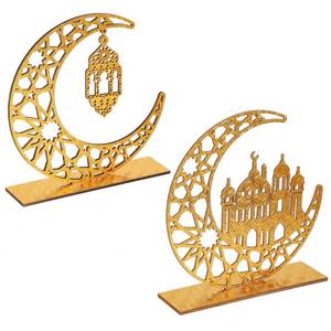 lot 30927 image: Hinsly Wood Ramadan Decorations for Home Islamic Eid Mubarak Kareem Table Sign Moon Hollow Star Ornament for Muslim Party Tabletop Decor Art Craft Decoration Golden Moon 2 Pieces - Retail $10