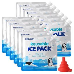 lot 30929 image: Belinlen 12 Pack 10x10 Inch Reusable Ice Packs for Cooler, Long Lasting Freezer Packs, Food Safe Flat Ice Packs for Cooler Bag, Lunch Box, Camping, Fishing, Beach, Picnic - Retail $17