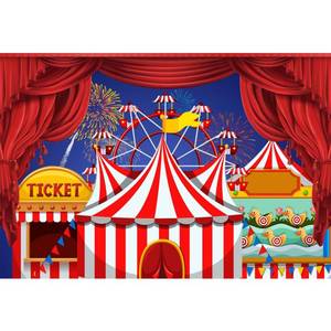 lot 30932 image: YongFoto Circus Backdrop 10x8ft Red Curtain Tent Night Sky Fireworks Amusement Park Ferris Wheel Photography Background Birthday Carnival Party Banner Cake Table Decor Kids Portraits Photoshoot - Retail $40