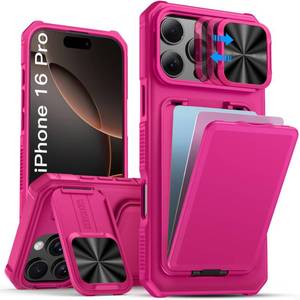 lot 30941 image: SSLOTSCASE for iPhone 16 Pro Max Case with Card Holder & Camera Stand & Kickstand & Slide Camera Lens Cover, Multifunctional Wallet Rugged Protective Phone Case Cover for iPhone 16 Pro Max 6.9, Pink - Retail $10