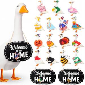 lot 30968 image: Memorywuu 16 Pcs Memorial Day Independence Day Porch Goose Welcome Sign Interchangeable Seasonal Holiday Goose Sign with Wooden Geese Magnetic for 23 Plastic Porch Outdoor(Black,Oval) - Retail $10