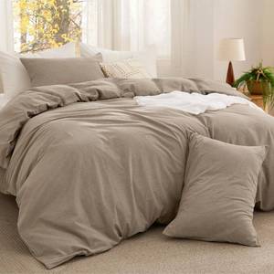lot 62089 image: Bedsure Comforter Set Queen Size - Cotton Fabric with Microfiber Inner Fill, Taupe PureWoven Soft Bed Set for All Seasons, 3 Pieces, 1 Comforter (90 x 90) and 2 Pillow Cases (20 x 26) - Retail $75