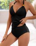 B2prity Halter Tankini Swimsuit for Women Tummy Control Two Piece Bathing Suit V Neck Swimwear with Shorts Black Size M - Retail: $39