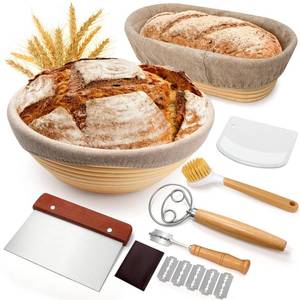 lot 23129 image: Sourdough Proofing Basket Gift Set, 9 Round and 10 Oval Banneton Bread Baking Supplies, Sourdough Baskets with Bread Lame, Danish Whish, Bowl Scraper, Sourdough Scraper, and Linen Liner - Retail $22