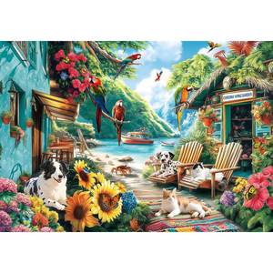 lot 23133 image: JJYHULK 2000 Piece Puzzle for Adults, Puzzles for Adults 2000 Pieces, Summer Seaside Flowers Dogs Parrots Jigsaw Puzzles, Challenging Puzzle Perfect for Game Nights, 39 X 28 - Retail $16