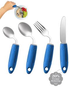 lot 23142 image: BaseSmall 4-Piece Adaptive Utensils Set - 42°Angled Parkinsons Utensils, Weighted Utensils for Tremors and Parkinsons Patients, Blue (Right-Handed) - Retail $26