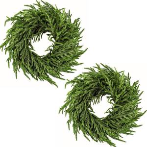 lot 23153 image: ENVEN 2 Pack Artificial Christmas Wreaths for Front Door, Norfolk Pine & Cedar Greenery with Red Velvet Bows, Real Touch Holiday Wreaths for Indoor Outdoor Decoration, No Assembly Needed - Retail $70