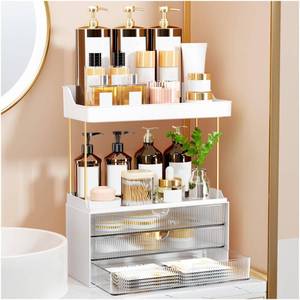 lot 24510 image: 3 Drawers Bathroom Counter Organizer - 5 Tier Makeup Organizer, Versatile Perfume Organizer, Ideal for Bathroom Storage, Vanity, Large Skincare, Perfume, Present, Clear - Retail $22
