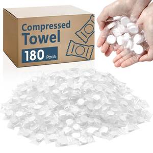 lot 24521 image: 180 PCS Compressed Towel, Mini Compressed Towel Tablets, Disposable Compressed Face Towels, Camping Towel, Portable Bulk Compressed Coin Tissues for Home, Travel, Outdoor Sports - Retail $10