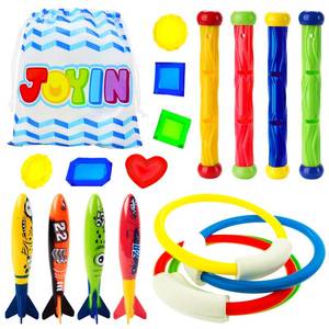 lot 24540 image: JOYIN 18Pcs Diving Pool Toys for Kids, Swimming Pool Toy with Storage Bag Includes 4 Pool Rings, 4 Diving Sticks, 4 Bandits, 6 Treasures Underwater Swim Pool Games for Ages 8-12 - Retail $15