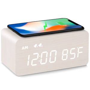 lot 24558 image: MOSITO Digital Wooden Alarm Clock with Wireless Charging, 0-100% Dimmer, Dual Alarm, WeekdayWeekend Mode, Snooze, Wood LED Clocks for Bedroom, Bedside, Desk, Kids (White) - Retail $27