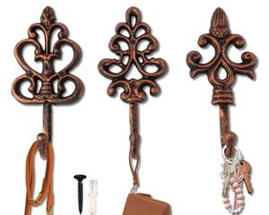 lot 24565 image: Comfify Shabby Chic Decorative Wall Hooks - Set of 3 - Cast Iron French Country Wall Decor - Farmhouse Hangers for Coats, Purses and More - Copper with Black - Retail $22