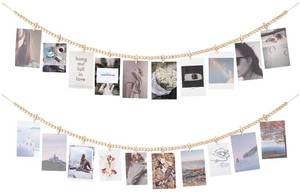 lot 24566 image: Mkono Hanging Photo Display with Clips, Boho Wooden Bead Garland Banner, Collage Card Picture Kids Art Holder String with 10 Clips for Christmas Bedroom Dorm Decor, Teen Girl Gifts, Brown, 2 Pack - Retail $10