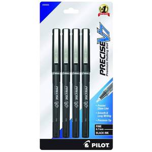 lot 30589 image: Pilot, Precise V7, Capped Liquid Ink Rollerball Pens, Fine Point 0.7 mm, Black Ink Pens, Pack of 4 - Ideal for School, Journaling & Office Writing - Retail $8