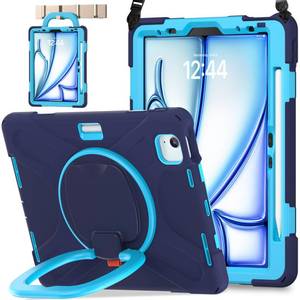 lot 30596 image: BATYUE Case for iPad Air 11-inch M4 (2026) M3 (2025) M2 (2024), iPad Air 5th4th 10.9 inch(20222020), iPad Pro 11 4th3rd2nd1st Kids Cover with Rotating Stand, Pencil Holder, Strap, NavyBlue - Retail $28
