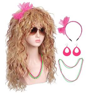 lot 30608 image: FantaLook Women Long Curly 80s Blonde with Reddish Brown Cosplay Wig with Lace Headband Earrings and Necklace for Halloween - Retail $25