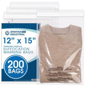 lot 30613 image: Spartan Industrial - 12 X 15 (200 Count) Self Seal Clear Poly Bags with Suffocation Warning for Packaging, T-Shirts & Clothing - Permanent Adhesive - Retail $22