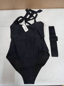 lot 31008 image: Womens One Piece Swimsuit Belted Tummy Control Tie Shoulder Swimsuit Black Small