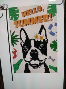 lot 31036 image: Hello Summer Garden Flag Boston Terrier 12.5 x 18in