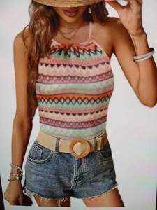 lot 31044 image: For G and PL Womens Summer Geo Print Halter Tank Top Knit Camisole Large