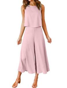 lot 31069 image: ROYLAMP Womens Summer Two Piece Outfits Round Neck Crop Basic Top Cropped Wide Leg Pants Set Jumpsuits Pink Purple M - Retail $37
