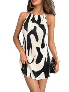 lot 31071 image: Verdusa Womens Tie Backless Halter Neck Sleeveless Plisse Short Cami Dress Black White X-Small
