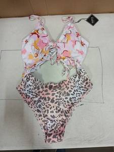 lot 31091 image: Zaful Womens One Piece Swimsuit Ribbed Open Back Tummy Control So Neck Adjustable Straps High Cut Swimwear Pink Leopard XL