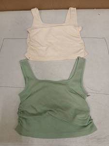 lot 31095 image: OQQ Womens Ruched Sleeveless Square Neck Seamless Stretch Crop Tank Tops 2pk Pea Green and Beige Small