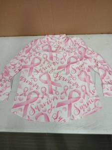 lot 31098 image: Womens Breast Cancer Survivor Button Up Long Sleeve Blouse Pink and White Small