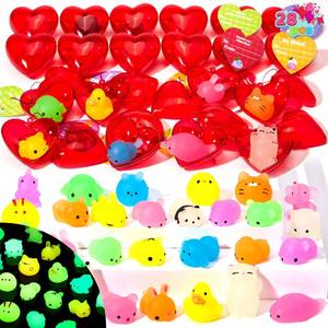 lot 31120 image: JOYIN 28 Packs Valentines Day Gifts for Kids, Glow Mochi Squishy Toys with Heart Funny Valentines Day Cards for Kid School Classroom Exchange Prize, Stress Relief Fidget Toy for Valentine Party Favor - Retail $27