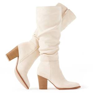 lot 32383 image: Putu Womens Pointed Toe Knee High Boots Faux Suede Slouch Boots with Chunky Heel Beige 10 - Retail $67