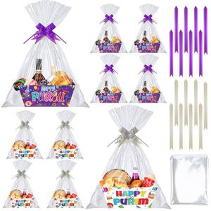 lot 32401 image: Cholemy 24 Pieces Purim Gift Baskets Empty Kit Include 8 Kraft Market Trays 8 Bags and 8 Bows Jewish Carnival Party Favors Gift Cardboard Box for Gifts Empty with Handles Happy Purim Party Supplies - Retail $26