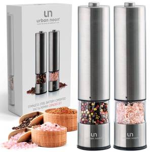lot 32410 image: Urban Noon Electric Salt and Pepper Grinder Set (2 Mills, 8.1 Tall) - One-Handed Push-Button Mills with LED Light, Adjustable Ceramic Coarseness, Gift-Ready Box, 1-Year Warranty - Stainless Steel - Retail $18
