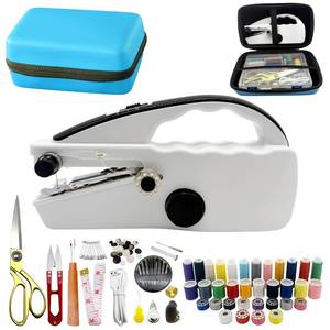 lot 32418 image: Heavy Duty Handheld Sewing Machine with 110 PCS Sewing Kit & Blue Leather Case, Mini Portable Hand Held Sewing Machine for Adults and Beginners, for Mending Clothes, DIY Projects, at Home or on the Go - Retail $39