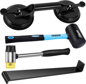 lot 32423 image: LOZAGU 4-Piece Floor Gap Fixer Tool Set with Aluminium Suction Cup & Rubber Mallet Hammer, Fixer Tool for Laminate Floor Gap Repair Do not use on scraped or uneven floors (4-PIECE) - Retail $16