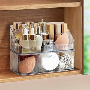 lot 32426 image: MEAJIO Medicine Cabinet Organizer 2 Tier, Stackable Bathroom Mirror Cabinet Storage Small Makeup Organizers with 1 Drawer and 1 Tray for Wall Cabinet Closet Vanity, Countertop, Clear - Retail $16