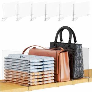 lot 32436 image: Yieach 6 Pack Acrylic Shelf Dividers for Closet Organization,Towel,Sweater,Purse Organizer - Adjustable Height - Vertical Shelf Separators for T Shirt,Clear Closet Shelf Divider for Wood Shelves - Retail $16